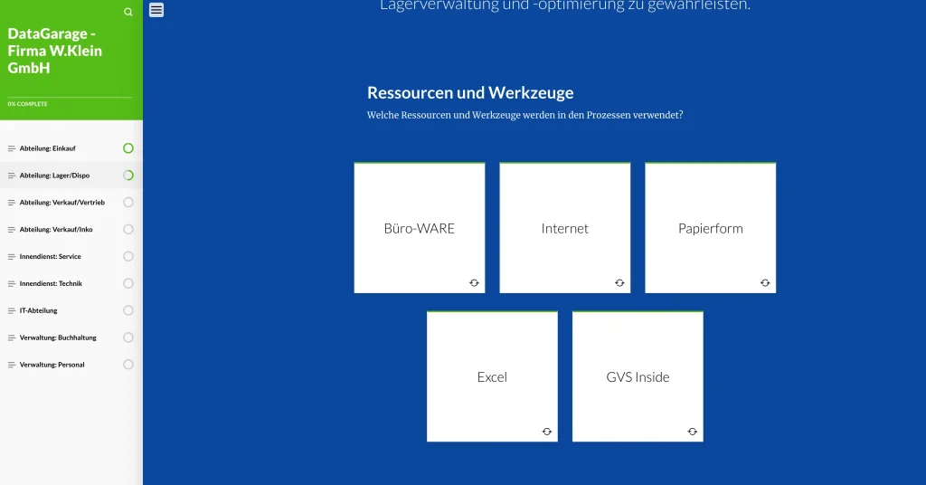 User-Interface der Data Garage Dokumentation